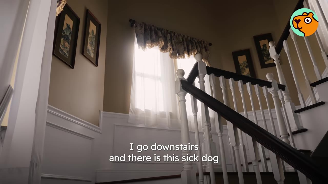 A staircase with white banisters inside a home lit by light from a window framed with curtains.