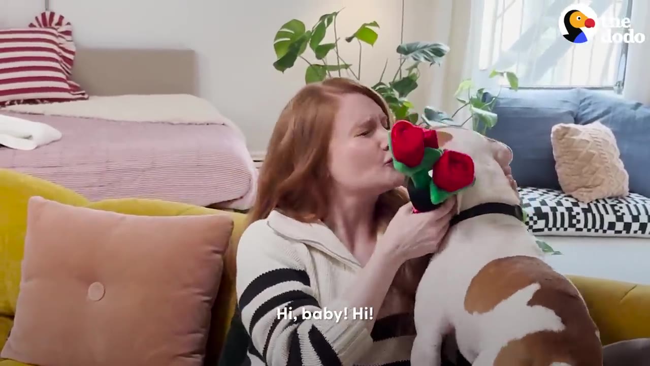 A woman with long red hair kisses a brown and white dog on the cheek while holding a bouquet of plush red roses.