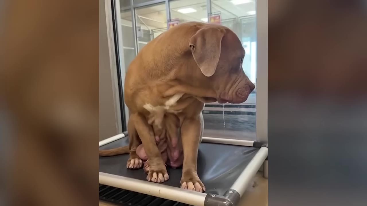 A brown pit bull-type dog sitting hunched over on an elevated dog bed, looking away nervously.