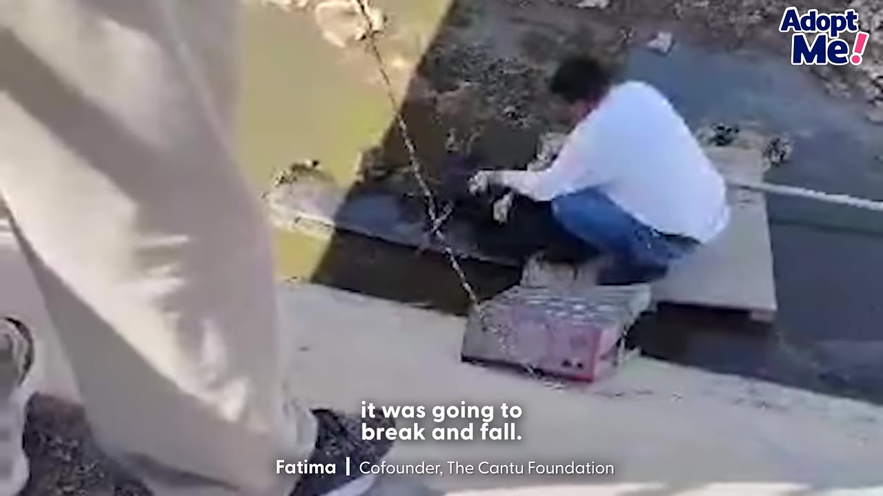 A man in a white shirt and blue jeans kneels on a wooden platform at the edge of a steep concrete canal next to a plastic crate secured by a rope.