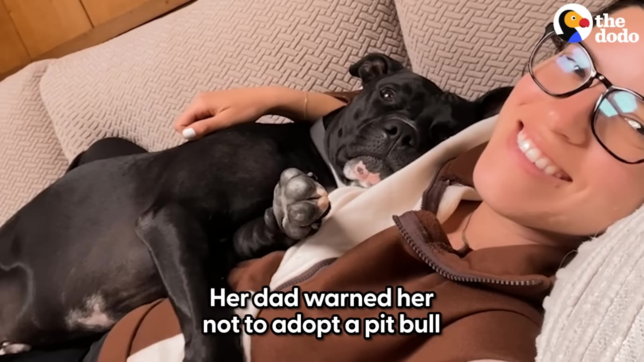 A smiling woman with glasses rests on a couch while cuddled up closely with a black dog.
