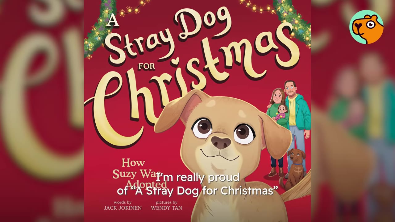 An illustration of the cover of the children's book titled A Stray Dog for Christmas by Jack Jokinen and Wendy Tan, depicting a small brown dog and a family.