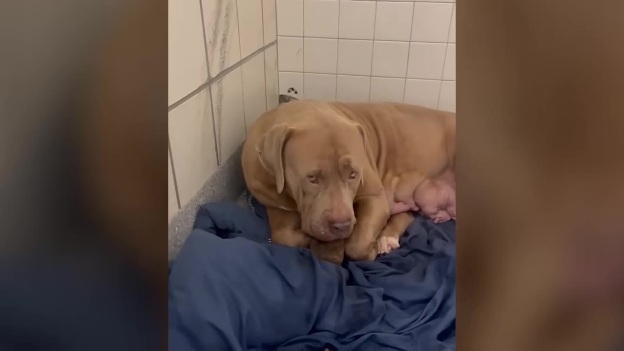 A tan dog lying on a blue blanket inside a tiled shelter kennel beside her newly born puppy.