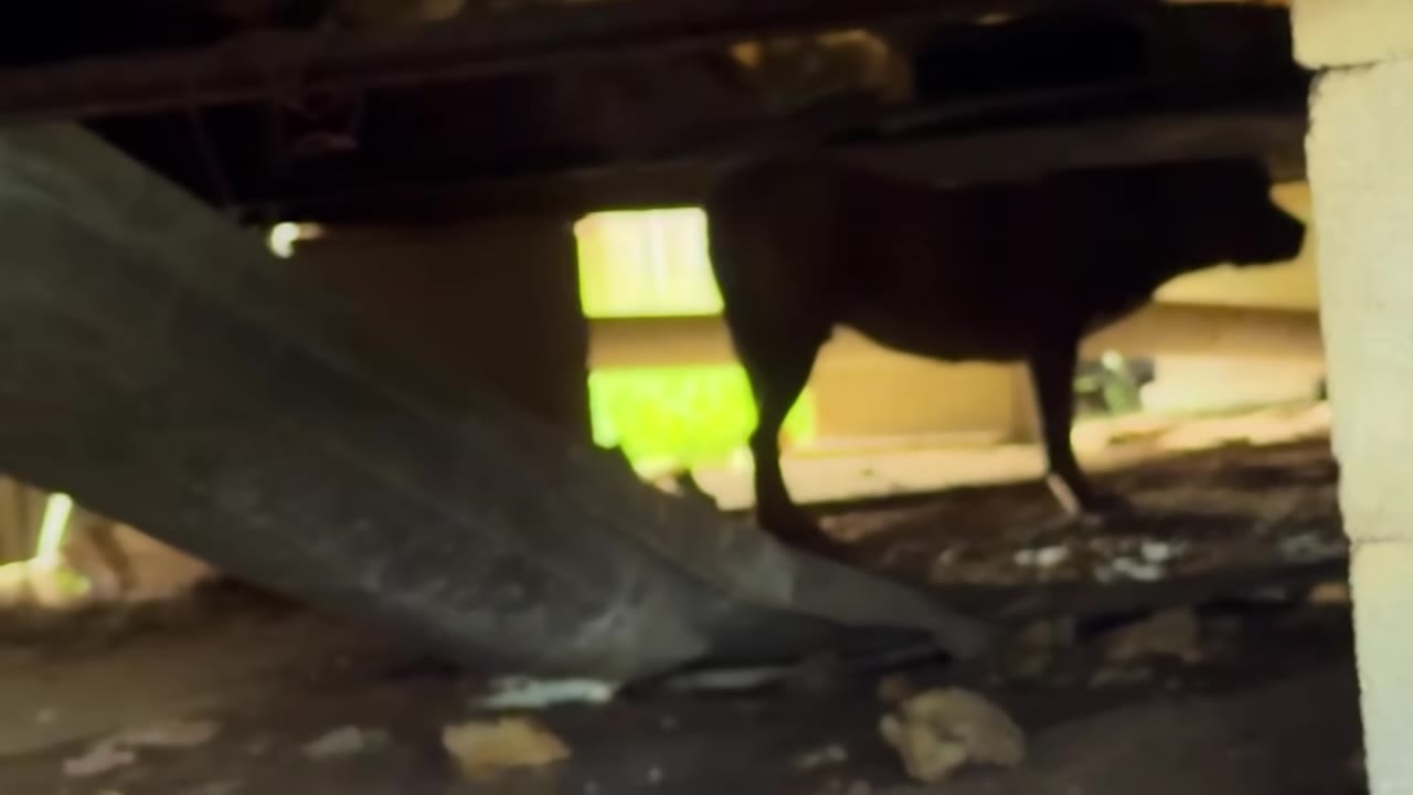 A dark dog stands silhouetted in the shadows underneath a building's crawlspace.