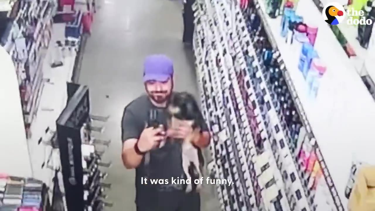Security camera view of a man wearing a purple baseball cap holding a small dog in a store aisle.