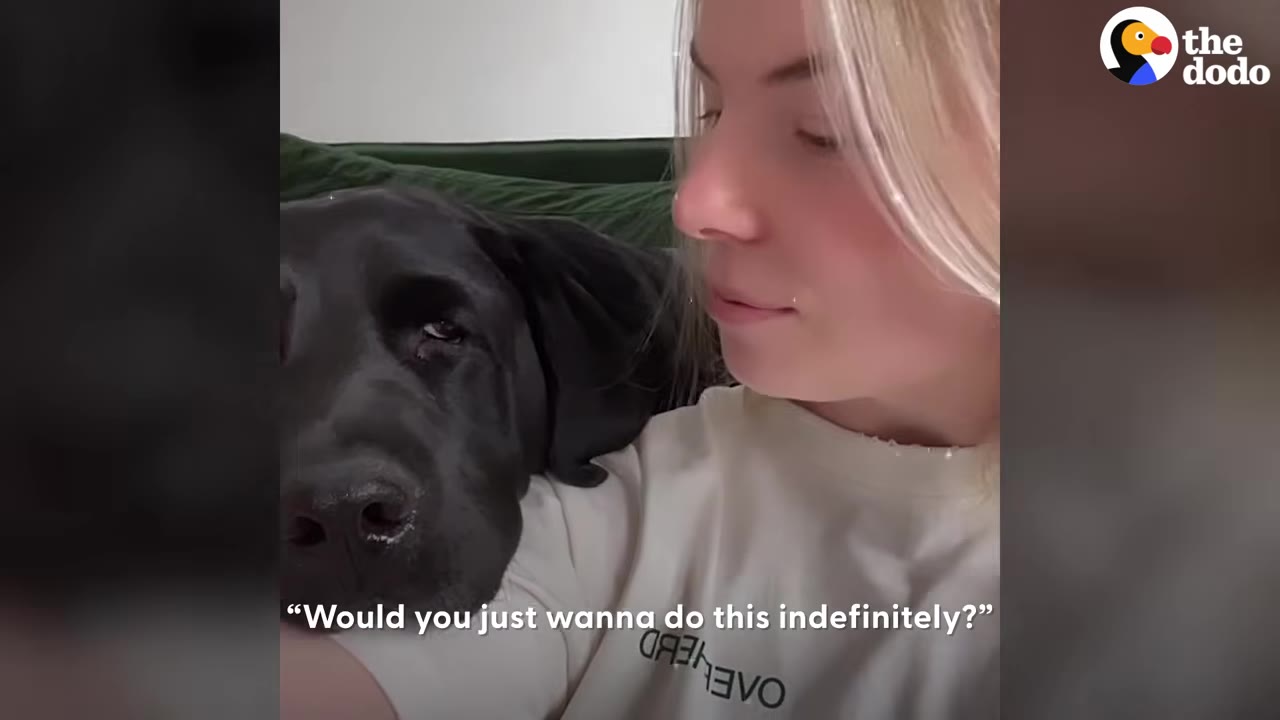 A black dog rests its head on a woman's shoulder while laying next to her.