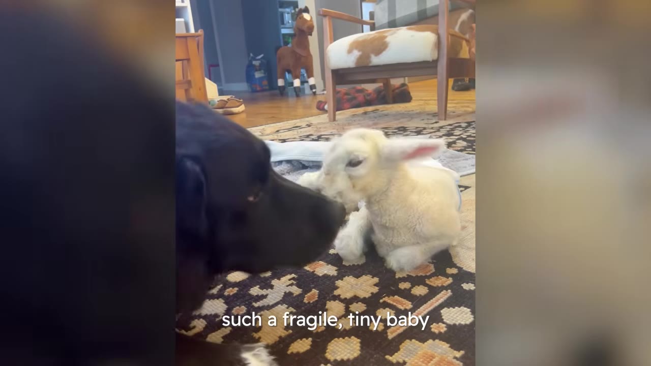 A large black dog lowers its snout close to a small, white lamb sitting on a patterned rug indoors.
