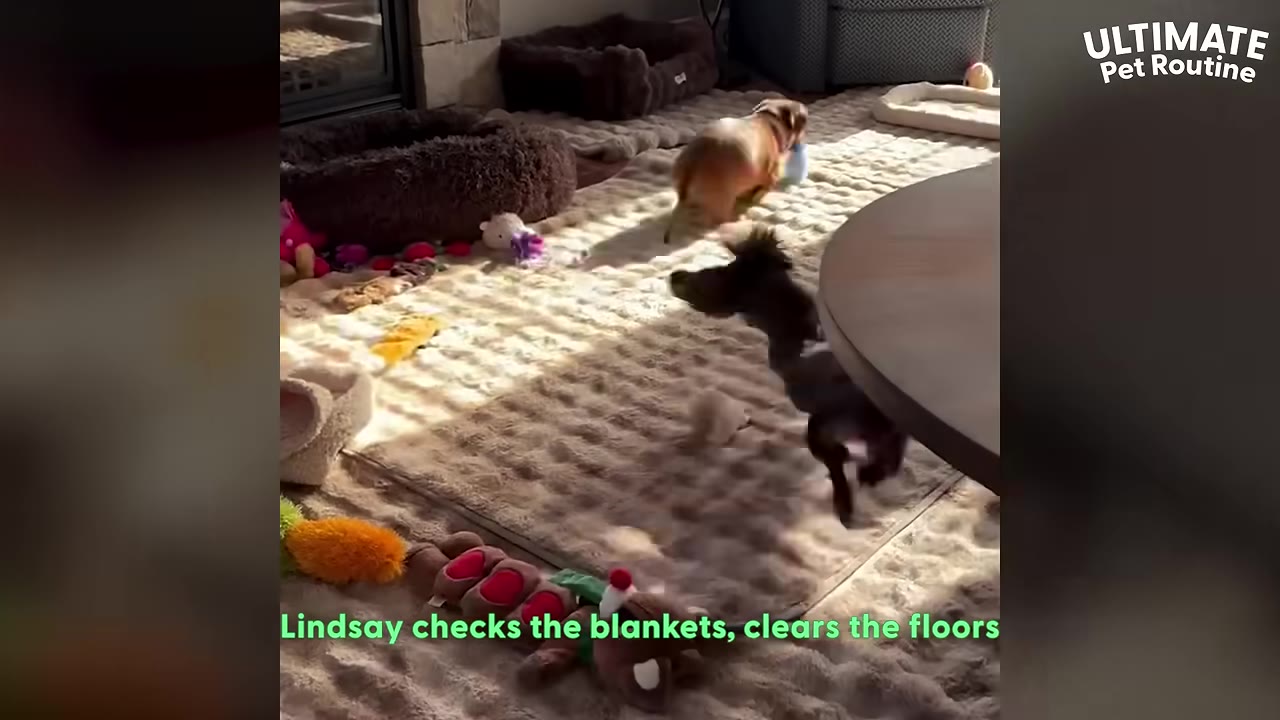 Two small dogs play on a large, soft, textured rug covered with dog beds and plush toys.