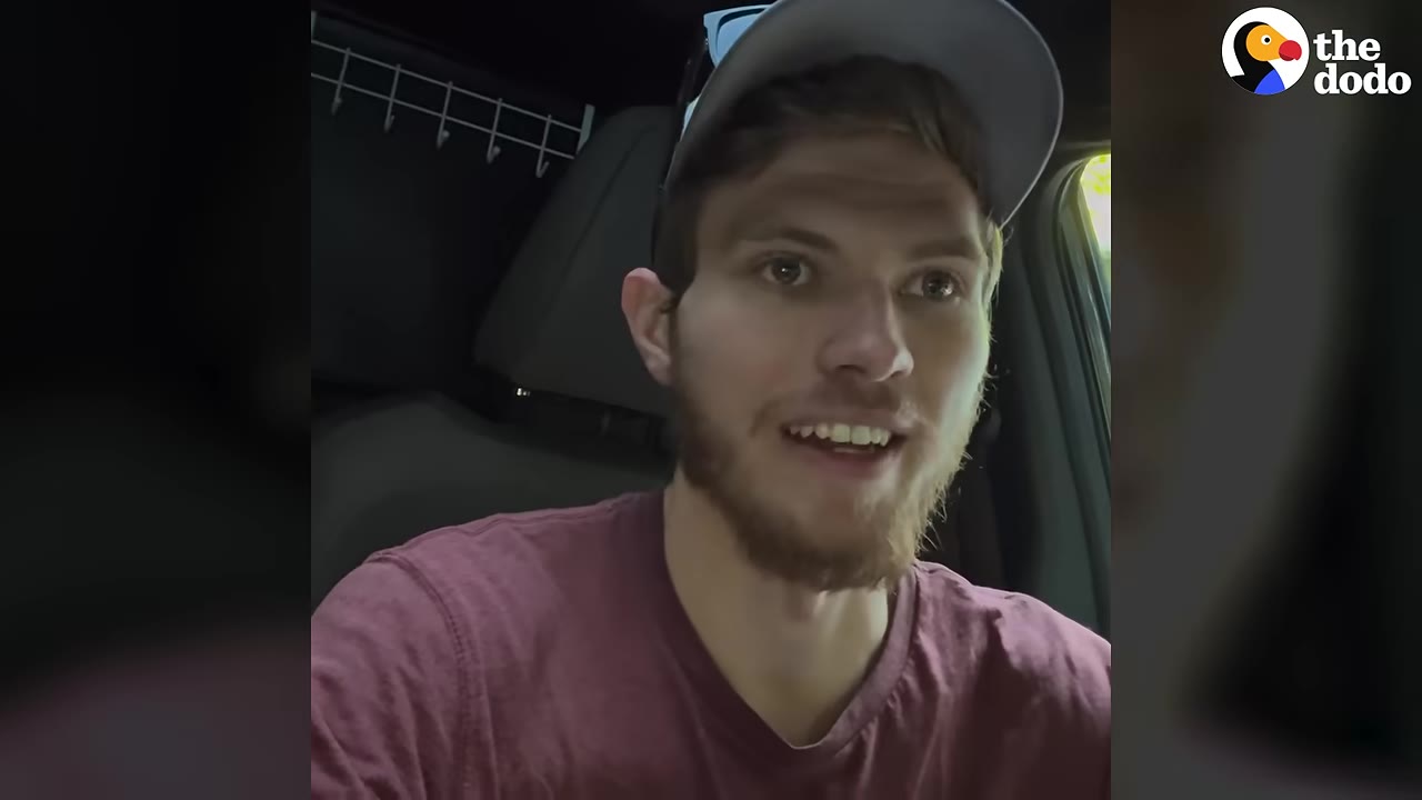 A close-up of a smiling man with a beard, wearing a baseball cap and a maroon t-shirt, speaking excitedly inside a vehicle.