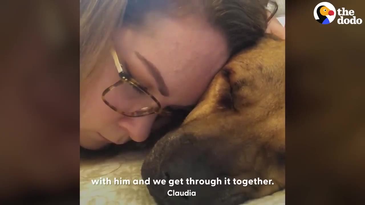 A woman wearing glasses rests her forehead against a brown dog lying down beside her.