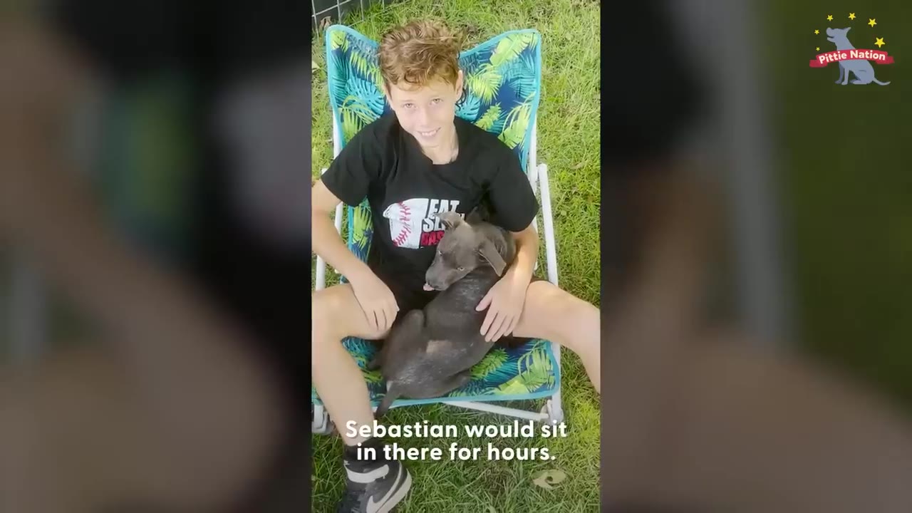 A young boy sitting in a colorful lawn chair outdoors while holding a small black dog in his lap.