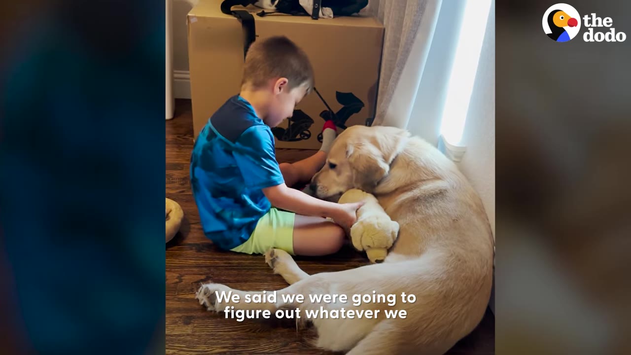 A young boy in a blue shirt sitting on the floor next to a golden retriever lying down.
