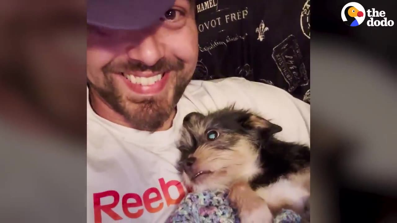 A man smiling warmly while holding a tiny black and tan puppy against his chest.