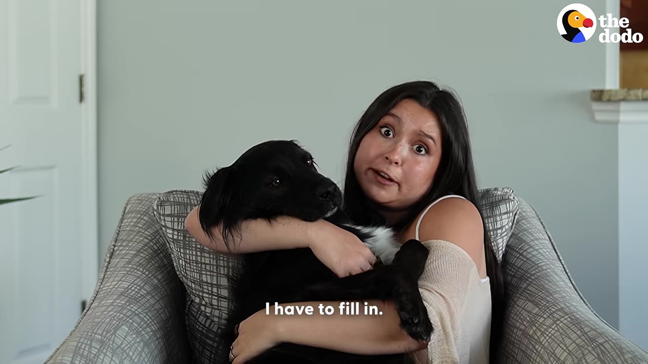 A woman sitting in an armchair hugs a black dog with white chest markings while looking at the camera.