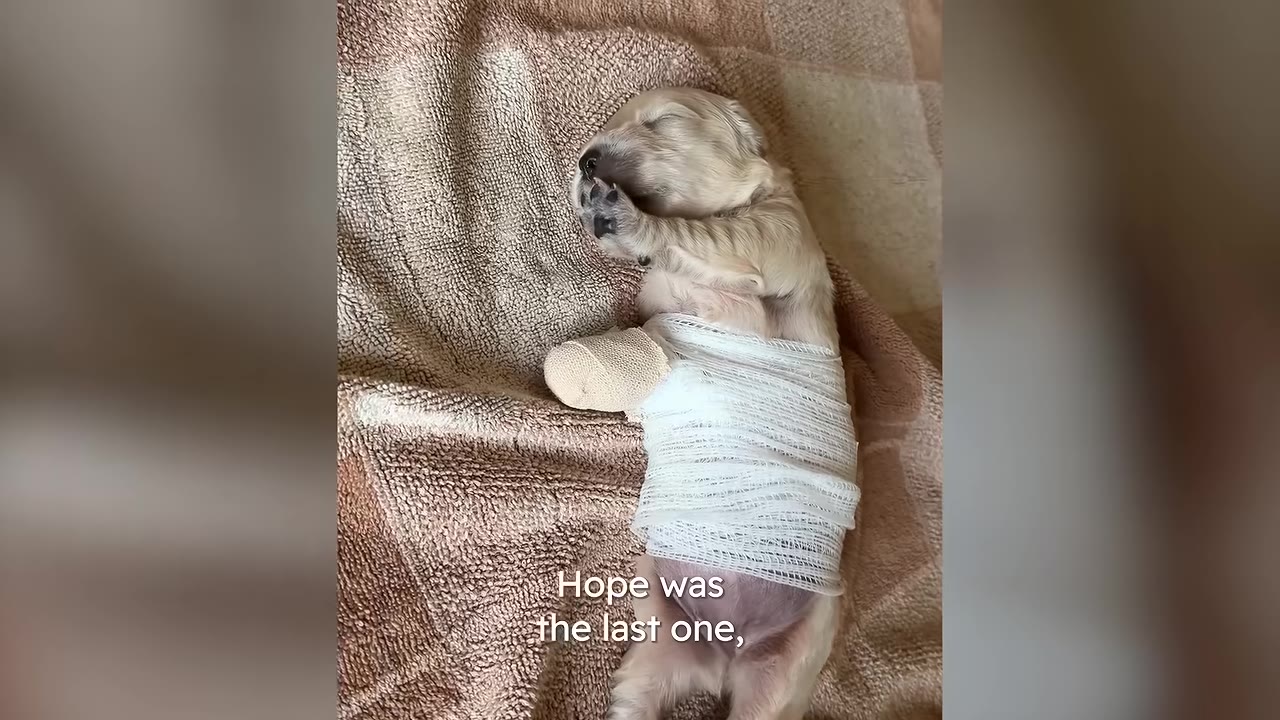 A tiny, light-colored puppy lies on a brown blanket with its torso wrapped in white bandages.