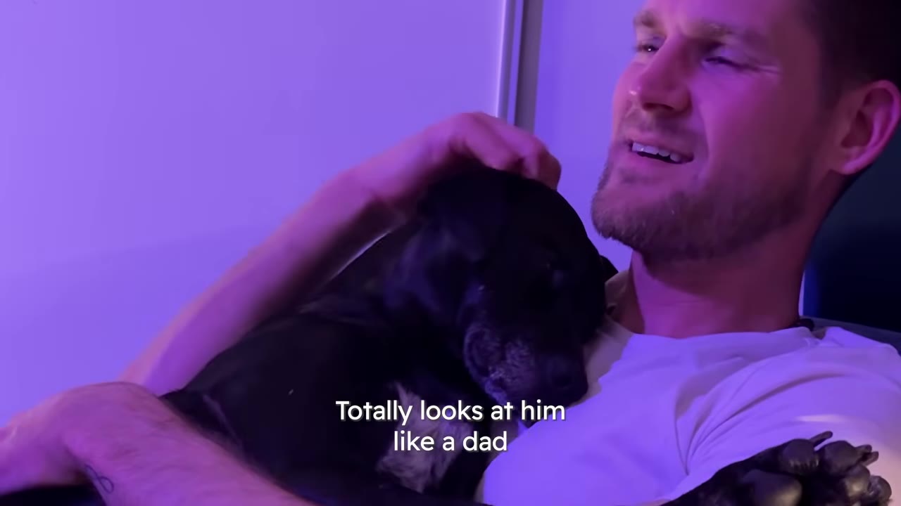 A man cuddling a black dog resting on his chest under a purple-tinted light.
