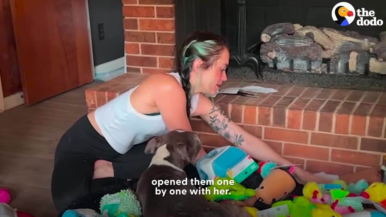 A woman sitting on the floor in front of a brick fireplace, opening toys and packages in front of a pit bull dog.