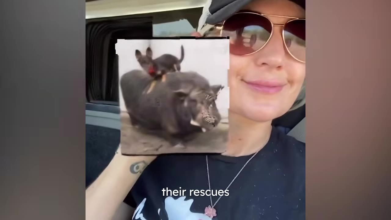 A woman wearing sunglasses holds up a photo showing a small dog standing on the back of a black pig.