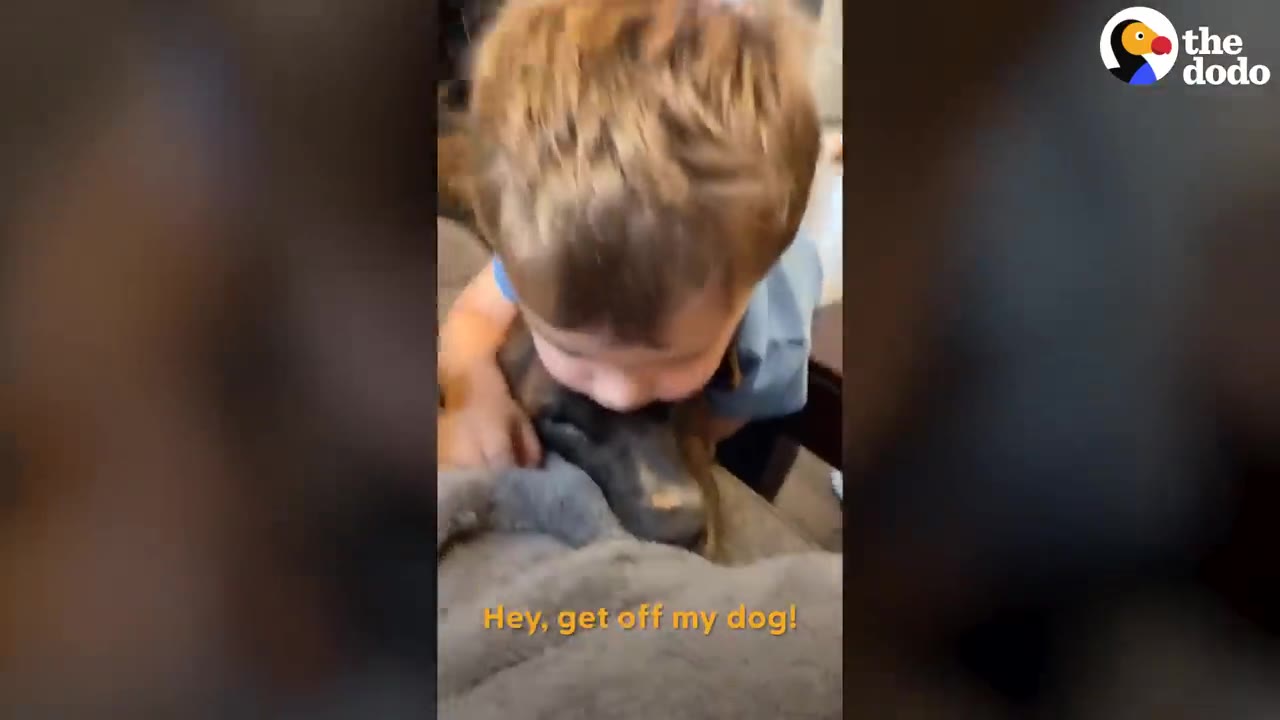 A young boy leaning down to hug a dog resting on a blanket.