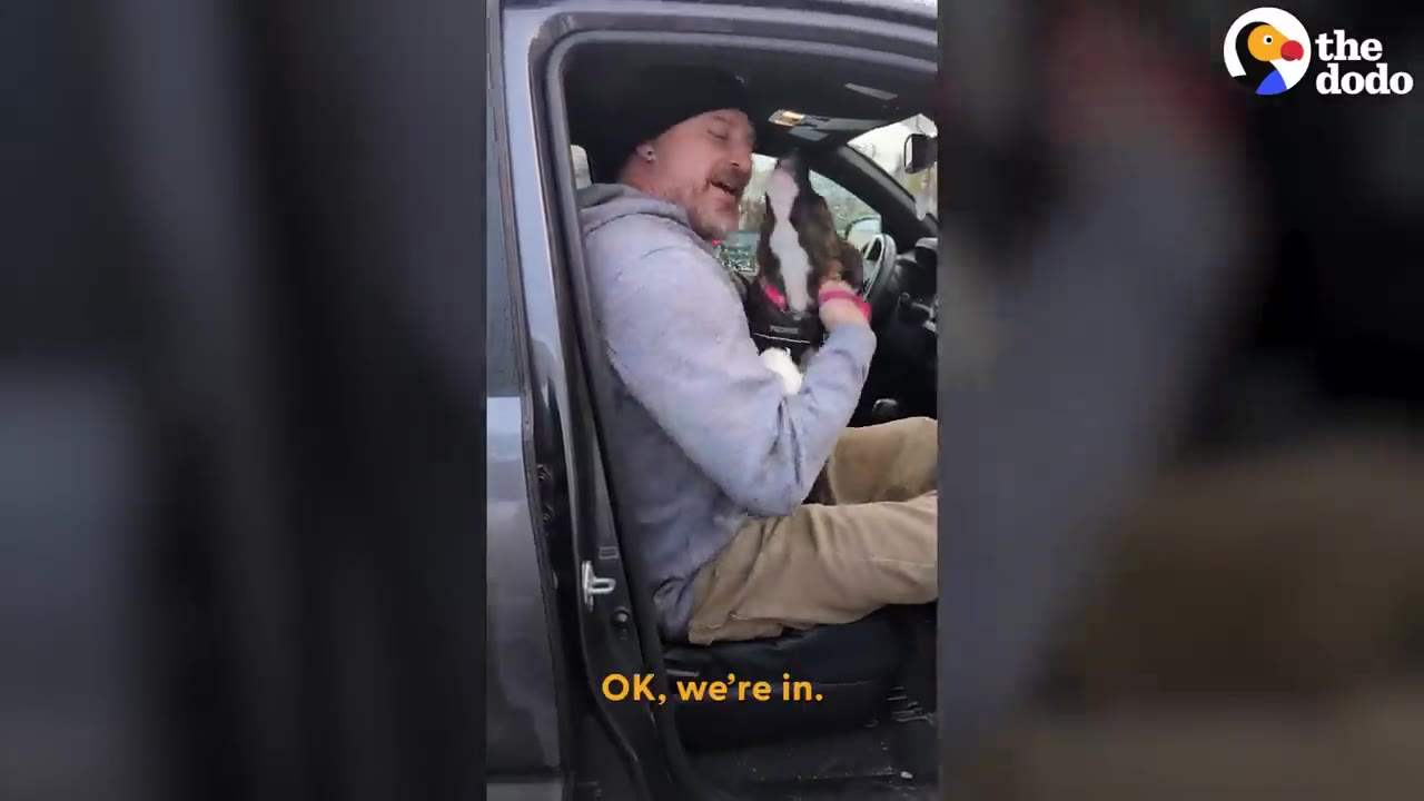 A man wearing a beanie and hoodie sits inside a car holding a small puppy in his arms.