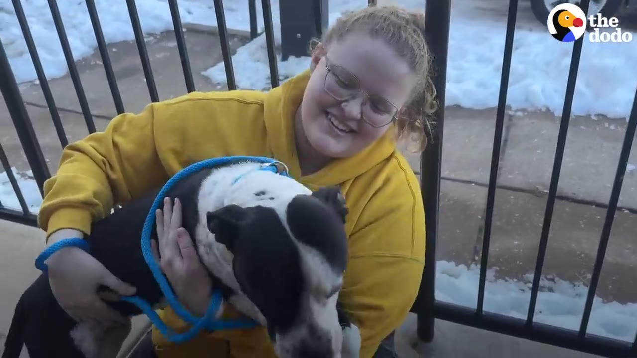 A woman in a yellow hoodie smiles in relief as she holds and hugs a black and white dog secured with a blue slip leash outdoors.