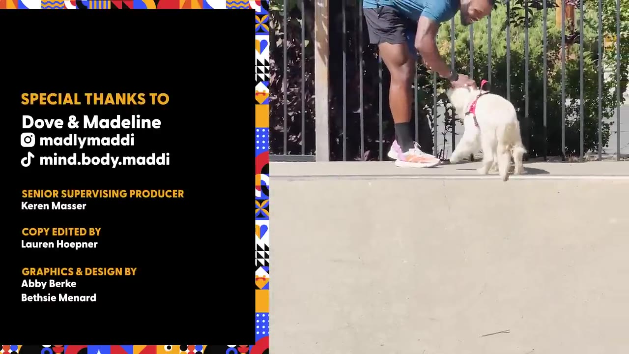 A man in athletic wear bends down to gently pet a small white dog wearing a red harness on a concrete path.