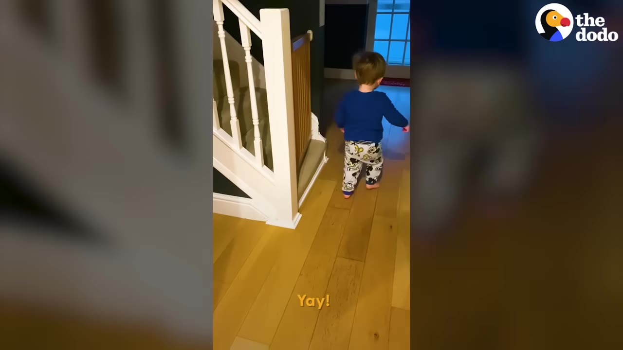 A toddler in a blue shirt and Mickey Mouse pajama pants walking down a hallway in a home.