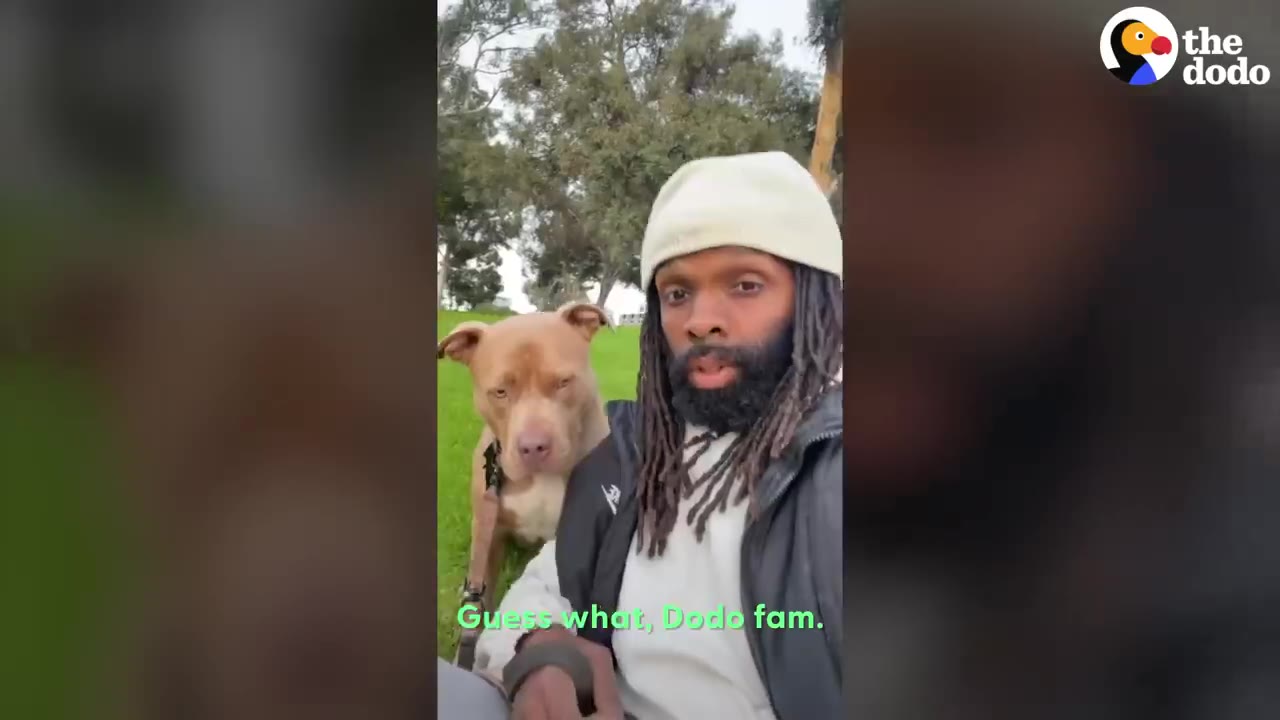 A man wearing a white beanie and black jacket sits outside on the grass with a tan pit bull dog sitting behind him.