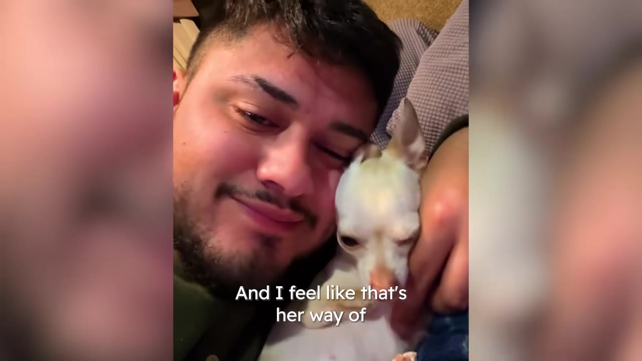 A man smiling warmly as he cuddles a small white Chihuahua close to his face.