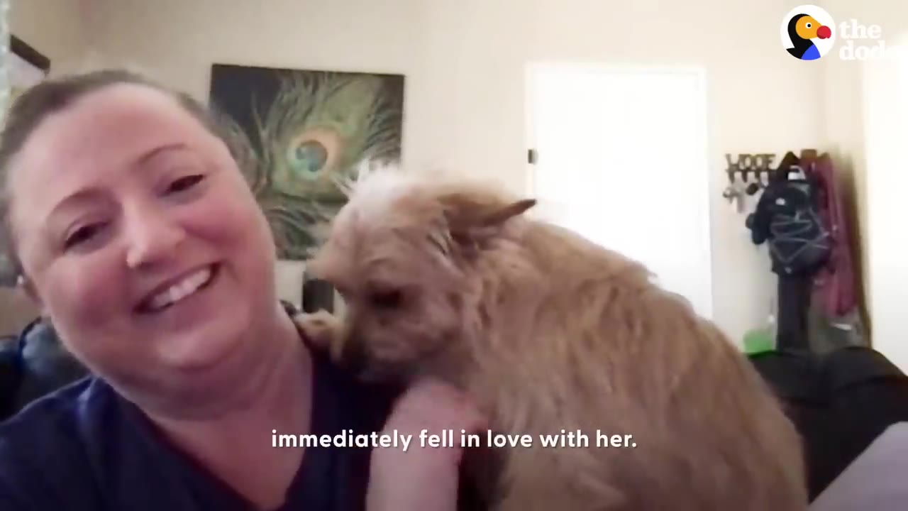 A smiling woman holds a small, fluffy brown dog close to her shoulder.