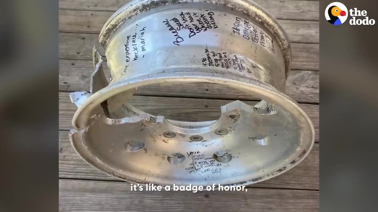 A silver metal car wheel rim with handwritten messages and signatures on it, resting on a wooden deck.