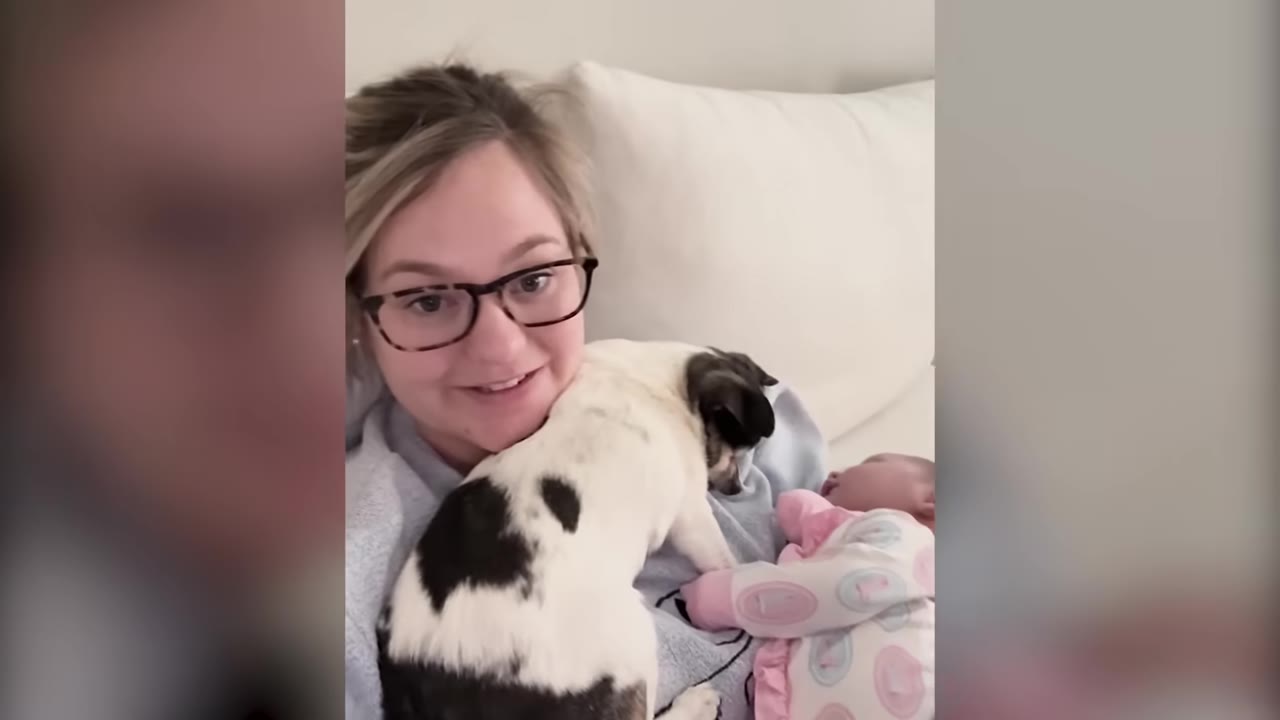 A woman wearing glasses smiling at the camera as a small black-and-white dog leans gently toward a sleeping newborn baby.