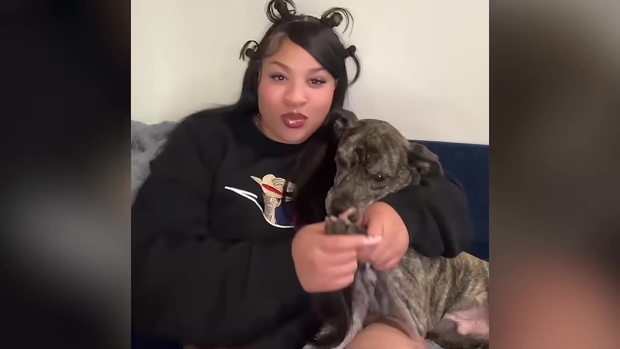 A woman with her hair in buns smiles while holding the paw of a brindle dog sitting next to her on a couch.