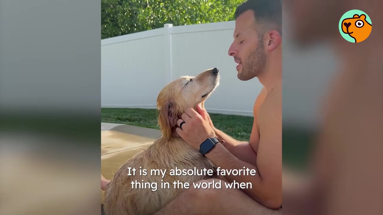A man gently scratching a golden dog under her chin as she leans in closely to him outdoors.