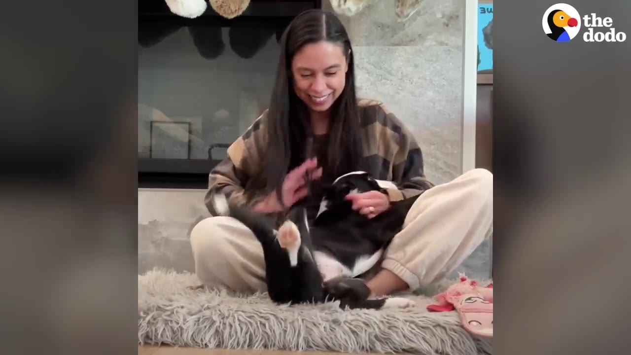 A smiling woman sits cross-legged on a fluffy rug, playing with a black and white puppy on her lap.
