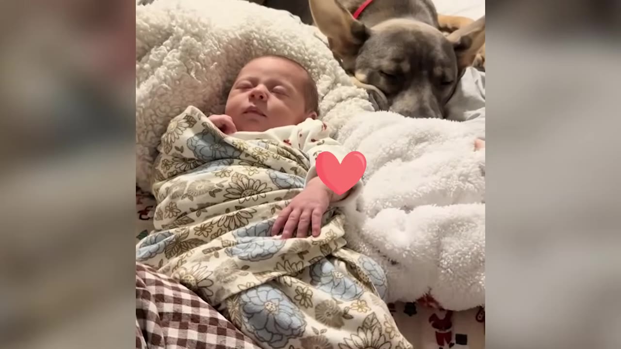 A dog sleeping right next to a swaddled newborn baby on a plush blanket.