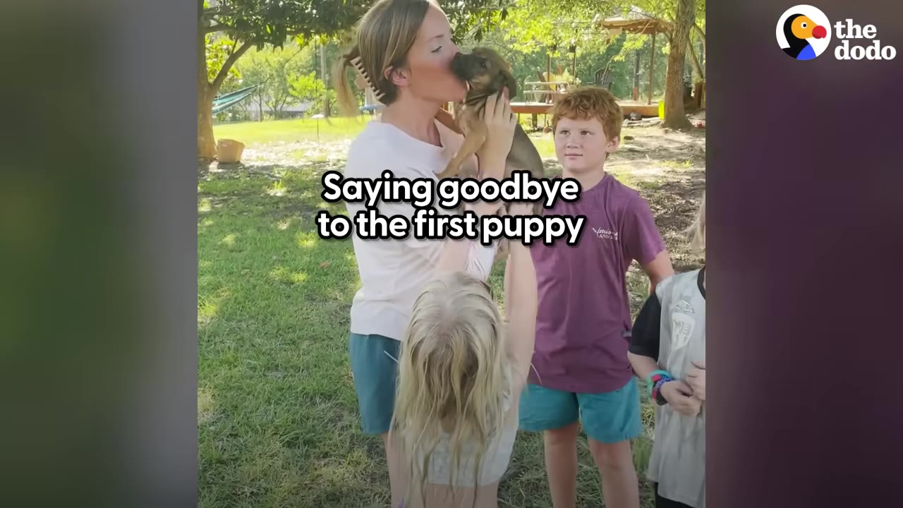 A woman kisses a small brown puppy she holds in her hands while standing outdoors in a yard surrounded by children.