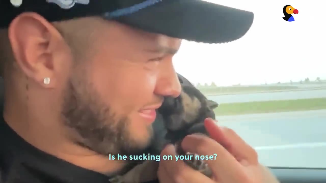 A man wearing a black baseball cap holds a small puppy close to his face inside a vehicle.